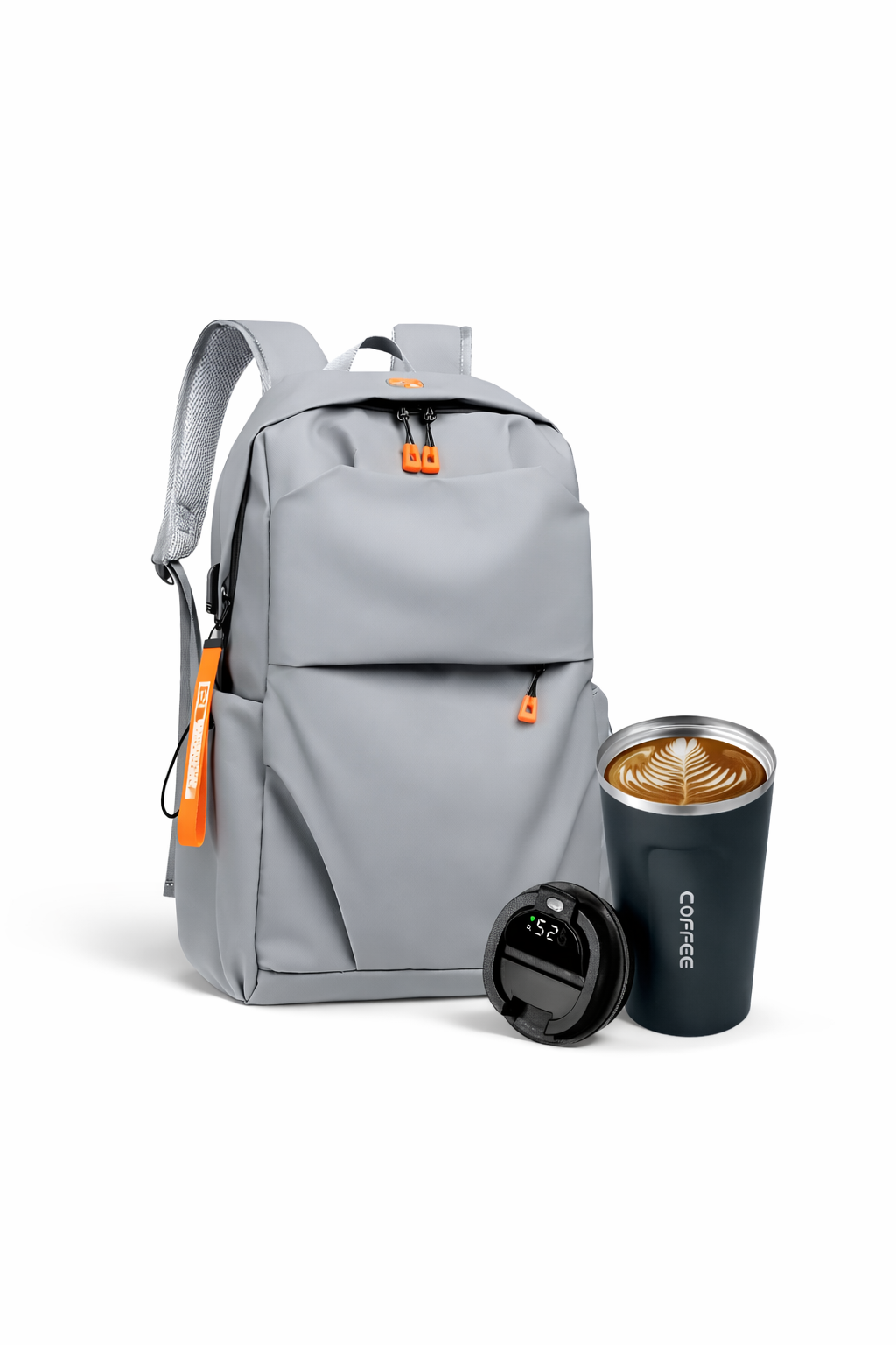 Premium Gray Laptop Backpack with Temperature Display 500ml Coffee Mug – Smart, Stylish & Travel Ready 💼☕