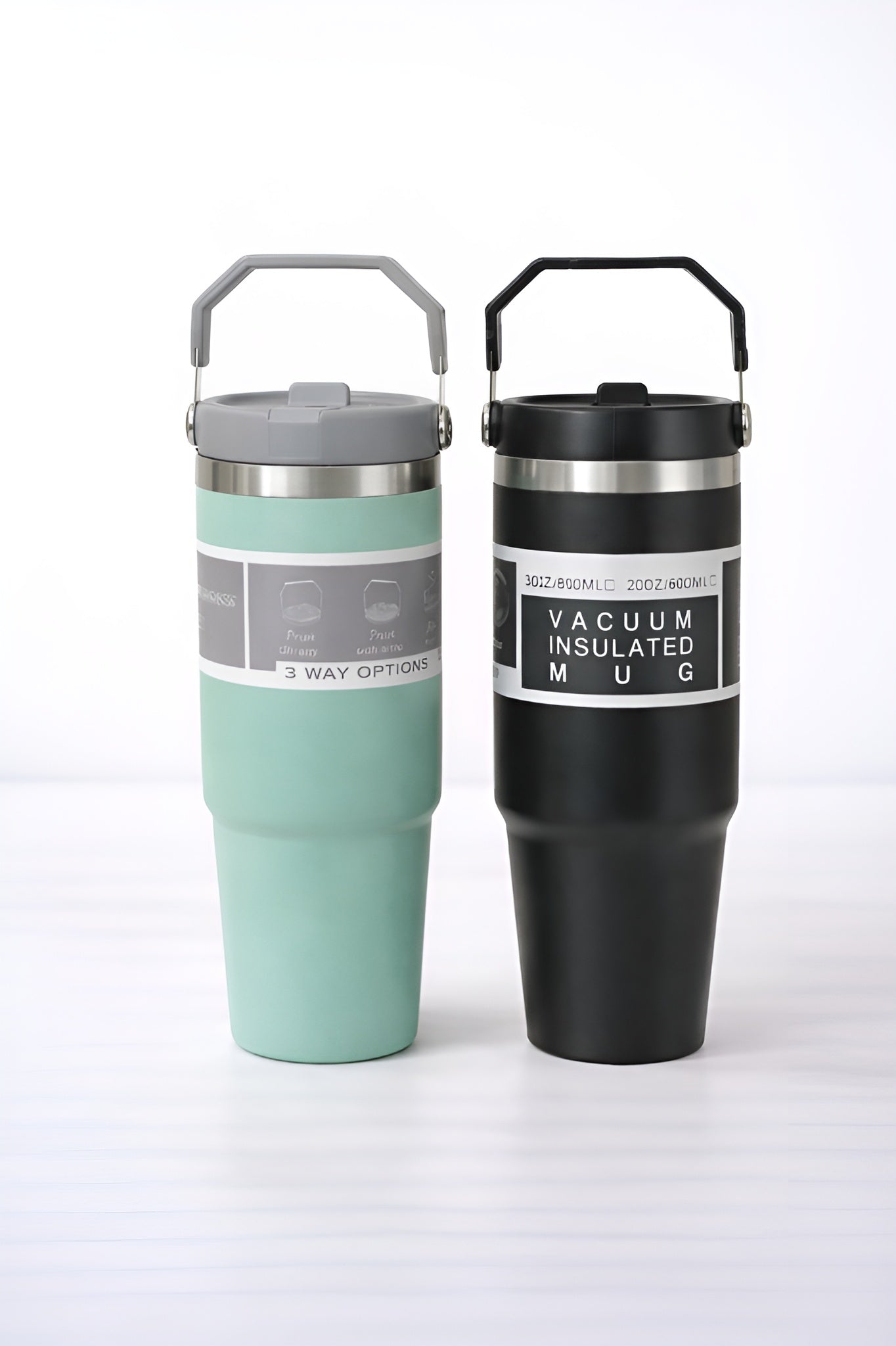 Vacuum Insulated Stainless Steel Travel Mug with Handle ( Green & Black ) (set of 2)