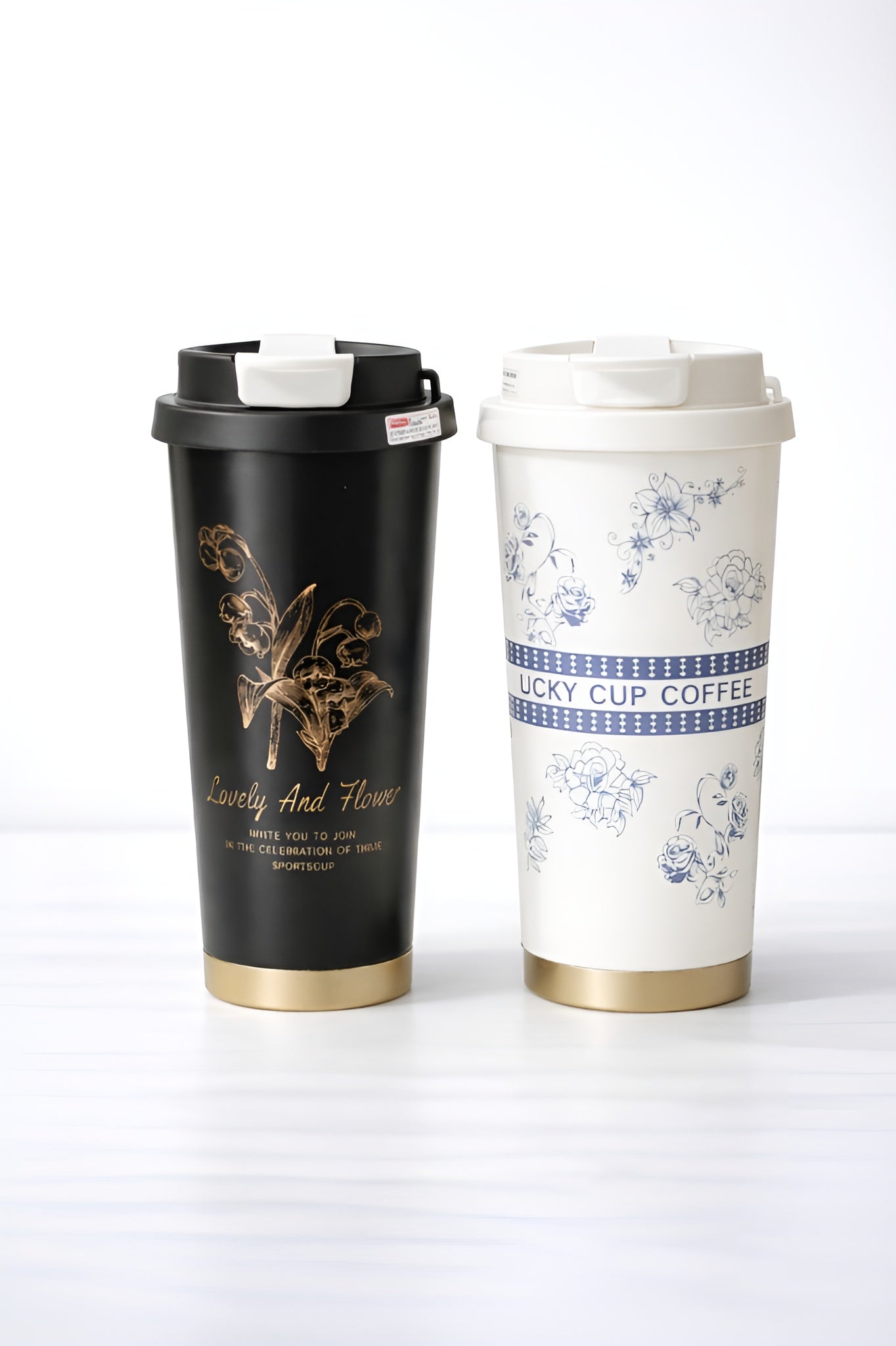 Premium Insulated Travel Mug Combo – 500 ml Each (Black & Floral White) (Set of 2)