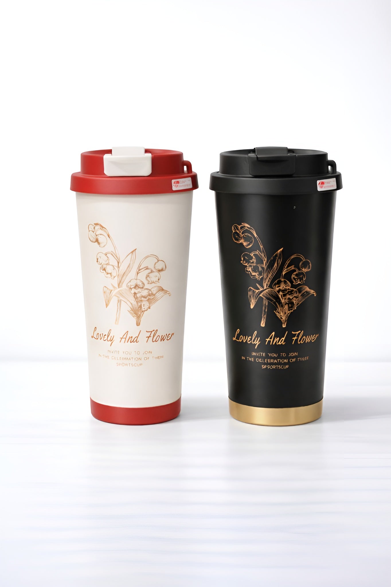 Luxury Floral Insulated Travel Mug Combo – 500 ml Each (Red & Black) (Set of 2)