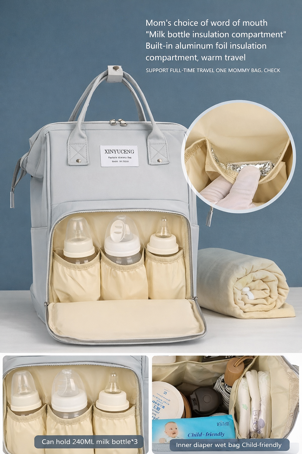 Navy Blue Mumma Bag with 750ml Water Bottle – Spacious, Stylish & Perfect for Everyday Baby Care