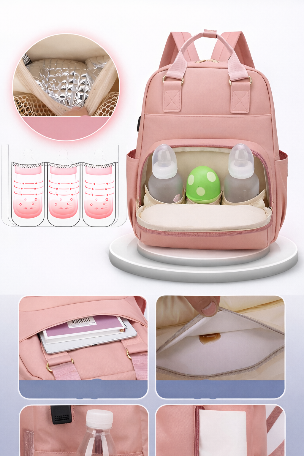 Pink Mumma Bag with 800ml Water Bottle – Stylish, Spacious & Perfect for Moms