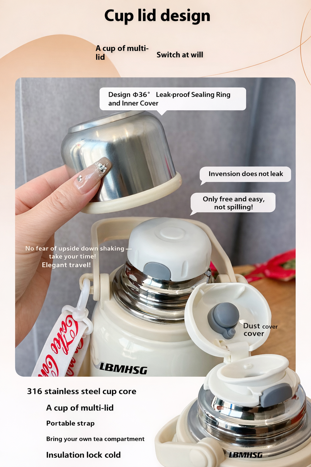 Leak proof stainless steel flask with strap__White