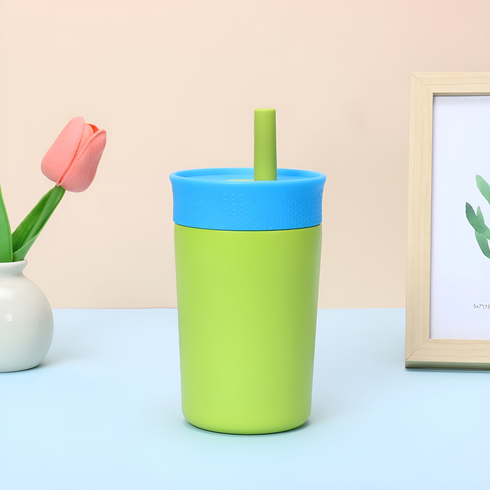 kids straw tumbler stainless steel__Green